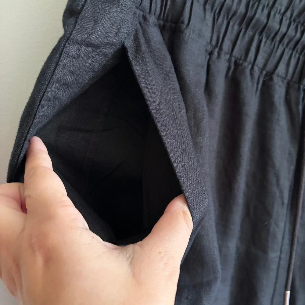 Quince European Linen Wide Leg Pants Size XL Black Drawstring Smocked Pockets